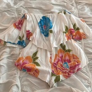 White bright floral print romper!